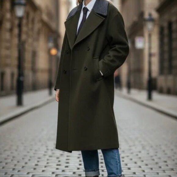 NWT Zara Monteco Wool Double-Breasted Long Coat with Gray Collar/ Olive Green M - Picture 3 of 16
